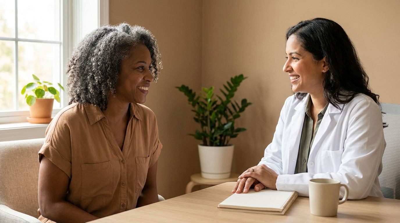 A doctor and a patient talking and smiling together