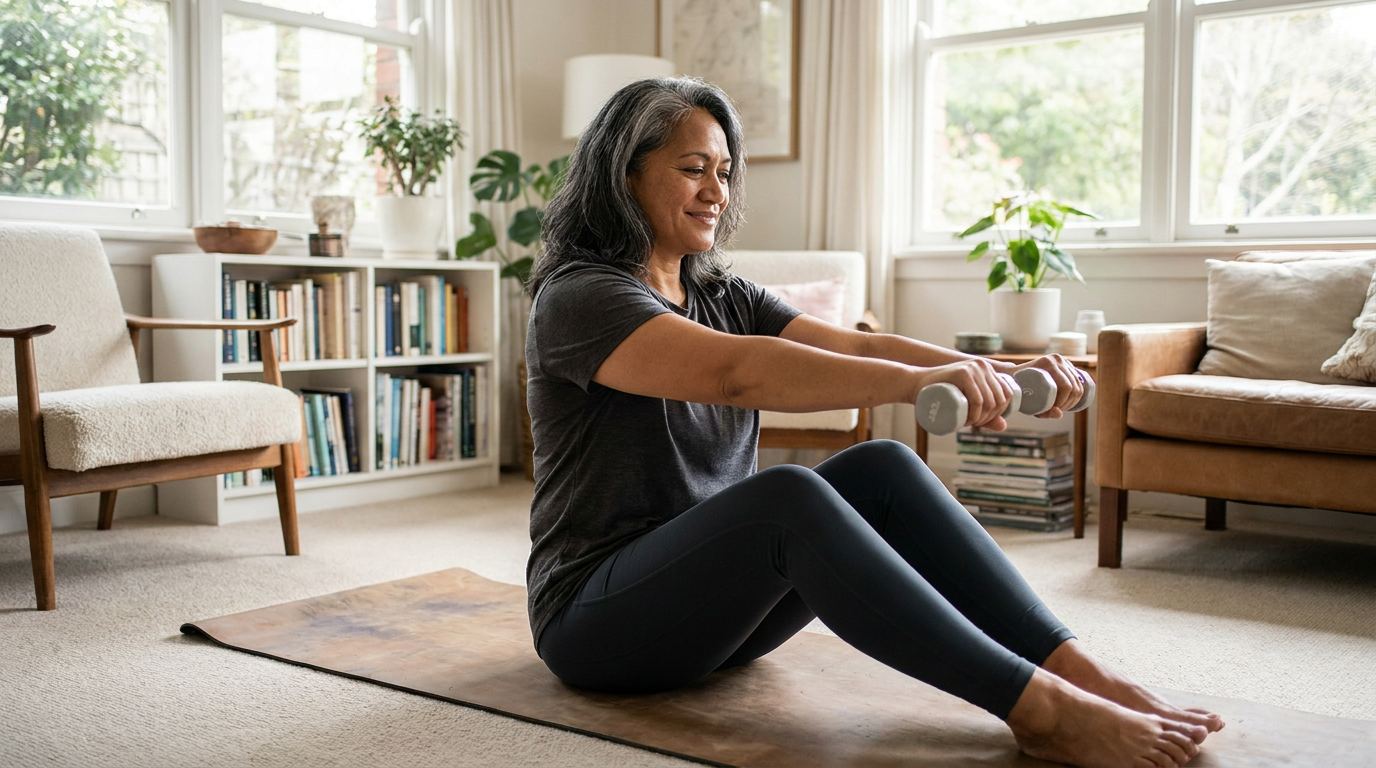 A woman in her fifties doing a seated strength exercise with dumbbells at home