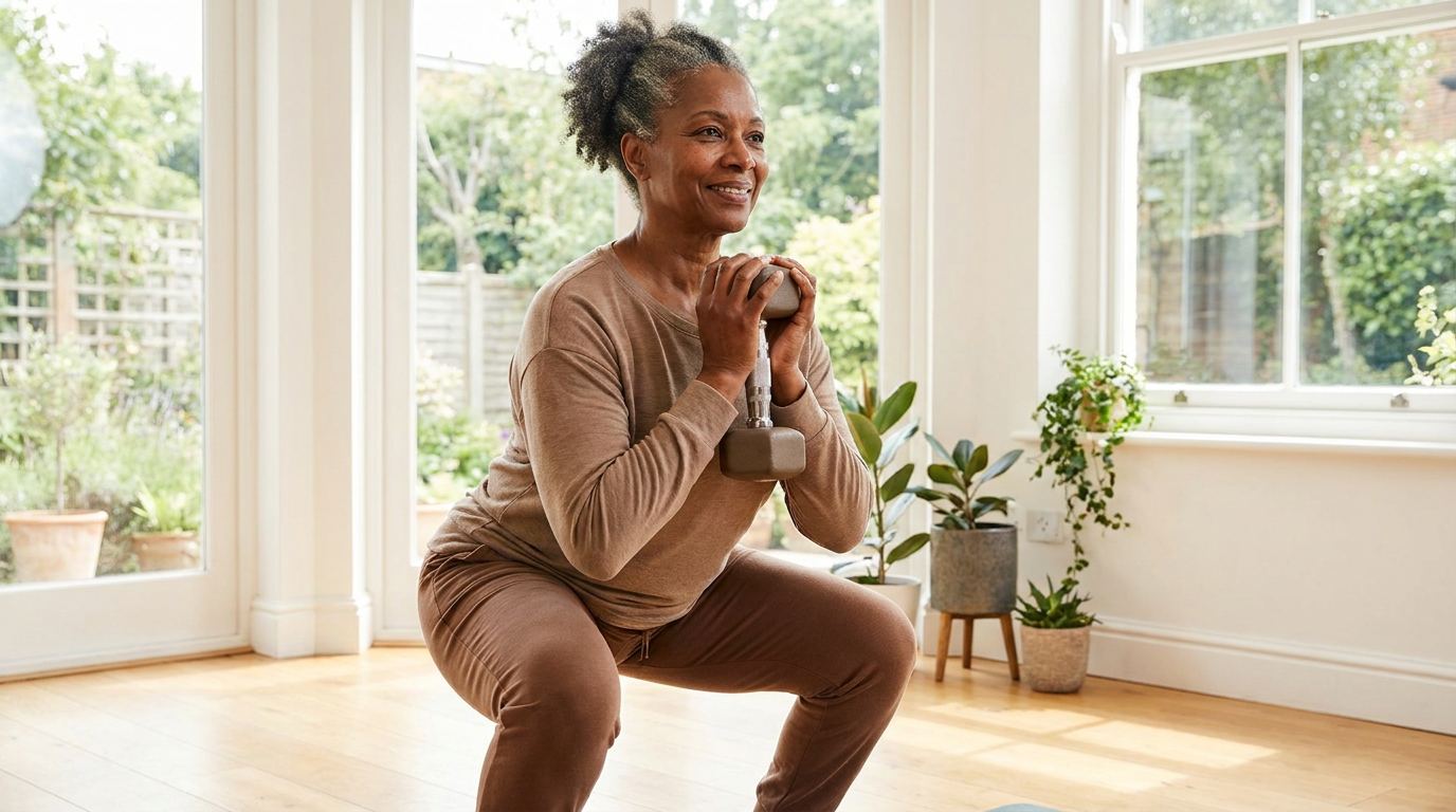 A woman in her fifties doing a strength exercise with a dumbbell at home
